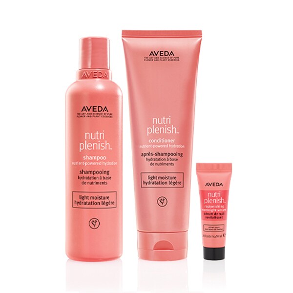 AVEDA Nutriplenish™ Shampoo & Conditioner Light Replenish Dry & Dull Hair With Superfood for Thin to Medium Hair Types, Hydrate Hair Overnight With the Free Overnight Serum - 250ml x 2 & 10ml