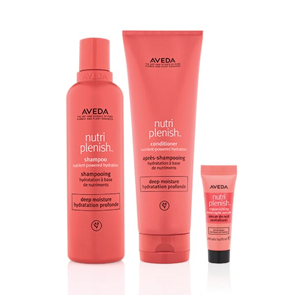 AVEDA Nutriplenish™ Shampoo & Conditioner Deep Replenish Moisture of Severely Dry Hair With a Rich Nutrient-Powered Formula for Thicker Hair Types, Wake up to Ultra-Hydrated Hair With the Free Overnight Serum - 250ml x 2 & 10ml