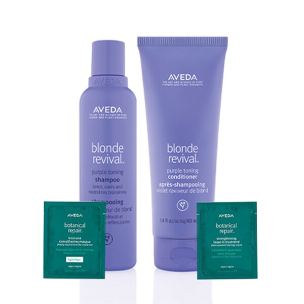 AVEDA Blonde Revival™ Shampoo & Conditioner Duo Revive Tones, Colour Brightness, Softness and Shine of Blonde Hair, Repair Colour-Treated Hair With the Free Strengthening Treatments - 200ml x 2 & 10ml x 2
